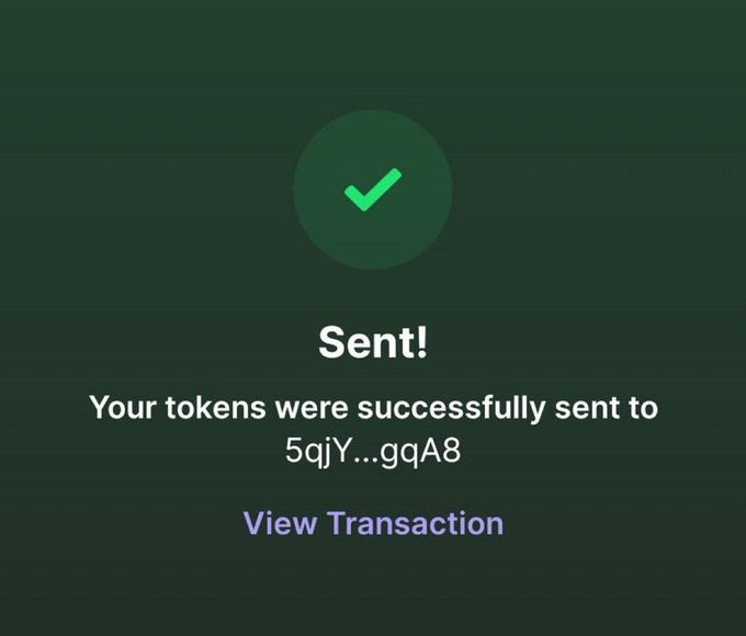 A dark green confirmation screen displays a green checkmark and the text "Sent! Your tokens were successfully sent to 5qjY...gqA8" with a "View Transaction" link.