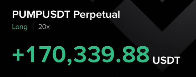 A trading interface screenshot showing a PUMPUSDT perpetual long position with 20x leverage and an unrealized profit of +170,339.88 USDT in green text on a black background.