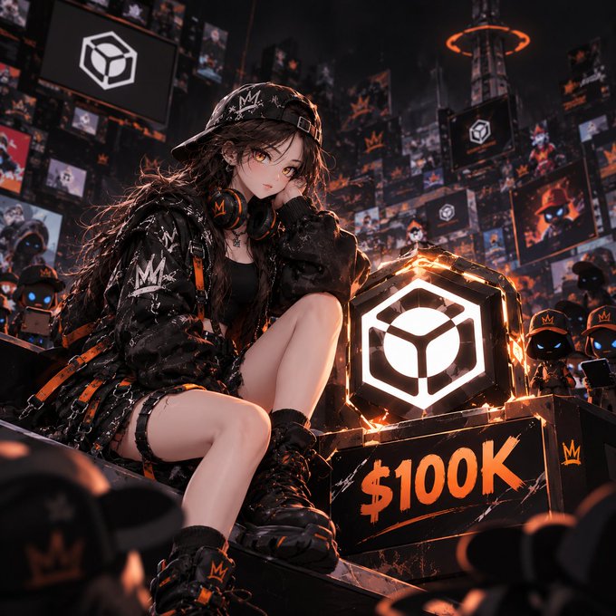 Anime-style illustration of a young woman in black streetwear and a crown-logo cap sitting next to a glowing cube with '$100K' displayed in front of it, surrounded by small crown-logo robots.