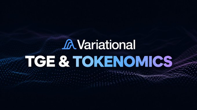 The image is a promotional graphic for Variational with the text "TGE & TOKENOMICS" displayed over a dark blue wave pattern background. It serves as a header image supporting the post's announcement about Variational's upcoming token generation event and its 32% airdrop allocation to points holders.