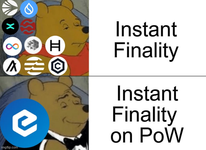 This meme contrasts various blockchain logos that offer "Instant Finality" with the "e" logo, implying that "Instant Finality on PoW" is a superior achievement. The image humorously suggests that while instant finality is generally impressive, achieving it on a Proof-of-Work (PoW) blockchain is exceptionally remarkable.