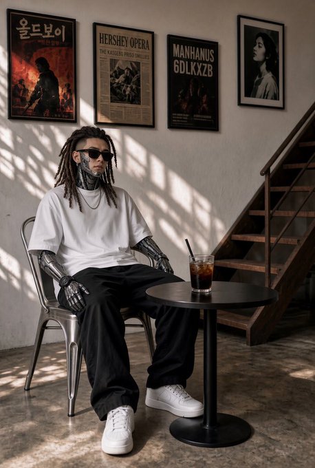 A tattooed man in a white tee, black pants, and white sneakers sits at a small café table with an iced coffee, surrounded by framed posters reading "ULTRABOY," "HERSHEY OPERA," "MANHANUS 6DLKXB," alongside a vintage portrait. The scene fits the post's "Gm CT" crypto/NFT morning vibe—suggesting a chill pre-market session as the community gears up to click into a new project.