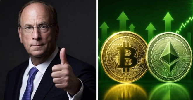 A man in a suit gives a thumbs-up next to an image showing Bitcoin and Ethereum coins with upward-pointing green arrows, symbolizing BlackRock's growing institutional crypto purchases referenced in the post.