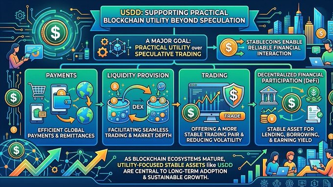 The image features a colorful infographic that explains the concept of stablecoins, which are used for practical purposes rather than speculation. The infographic illustrates the process of creating stablecoins using blockchain technology, with various elements such as transactions, mining, and trading represented in different colors. It also includes text that highlights the role of stablecoins in providing stability to financial systems beyond speculative trading.