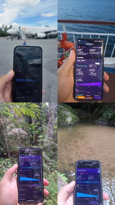 A collage of four photos showing a hand holding a smartphone displaying the 'RAIN TRADE' app in various locations: an airport tarmac, on a boat, and in a forest near a stream.