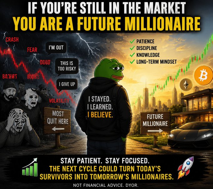 A motivational crypto meme featuring a Pepe frog character with the text 'IF YOU'RE STILL IN THE MARKET YOU ARE A FUTURE MILLIONAIRE,' contrasting fearful quitters on the left with patient believers heading toward 'Future Millionaire' status, with Bitcoin and Ethereum logos visible.