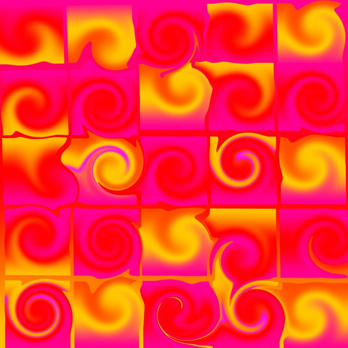 A vibrant abstract pattern composed of a grid of square tiles, each featuring swirling spiral designs in bright pink, red, and yellow hues.