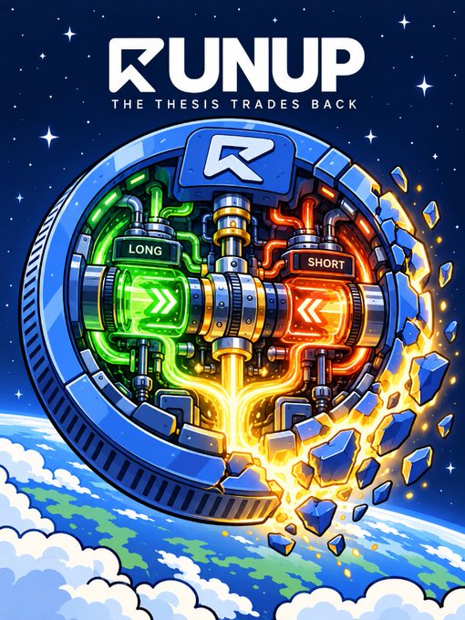 A colorful promotional graphic for 'RUNUP' with the tagline 'THE THESIS TRADES BACK', featuring a mechanical coin-like device with 'LONG' (green) and 'SHORT' (red) buttons breaking through a shield in front of Earth and stars.