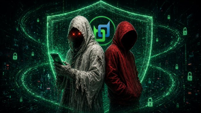 A digital illustration of two hooded figures (one with glowing red eyes) standing before a green shield with a logo, surrounded by floating padlock icons.