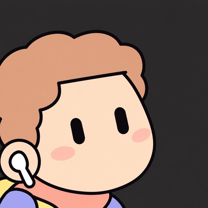 A cartoon-style illustration of a character with brown curly hair, blushing cheeks, and simple black oval eyes against a dark background.