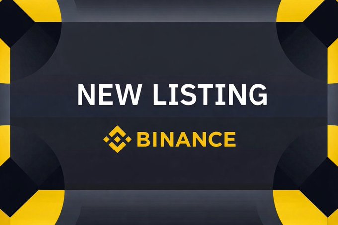 A bold announcement graphic with yellow and black geometric borders displays the text 'NEW LISTING' above the Binance logo.