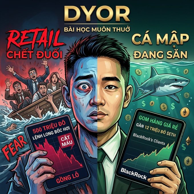 A Vietnamese-themed crypto trading graphic titled 'DYOR' contrasting 'RETAIL CHẾT ĐUỐI' (retail drowning) with 'CÁ MẬP ĐANG SĂN' (sharks hunting), featuring texts like '500 TRIỆU ĐÔ LÊNH LONG BÓC HƠI' and 'BlackRock's Clients'.