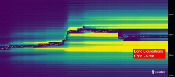 A Coinglass liquidation heatmap for $BTC showing a dense yellow concentration of long liquidation levels between $78K–$75K, supporting the post's claim that significant long liquidity is stacked below the current ~$79K price.