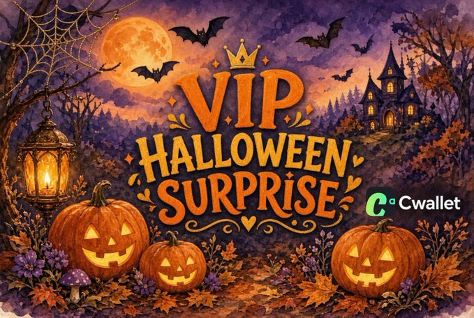 A Halloween-themed graphic featuring glowing jack-o'-lanterns, bats, a full moon, and a haunted castle, displaying the text 'VIP HALLOWEEN SURPRISE' and the 'Cwallet' logo.