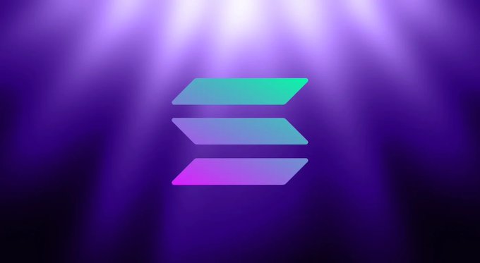 The Solana logo (three stacked, slanted parallelograms) displayed in gradient teal-to-pink colors against a purple background with light rays.