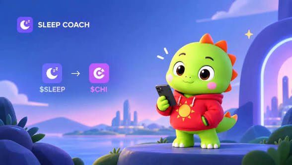 A cute green dinosaur mascot in a red hoodie holds a smartphone, with a Sleep Coach graphic showing $SLEEP converting to $CHI.