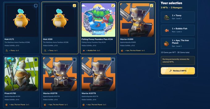 An NFT marketplace interface showing various NFT collections including Moki (#372, #300), Fishing Frenzy Founders Pass (#134), Warrior (#1699, #5778, #5779), and Priest (#1700), with a sidebar showing 'Your selection: 3 NFTs → 3 Homigars' including Tozey, Bubble Fish, and Apo, The Iron Planet, with a 'Redeem 3 NFTs' button.