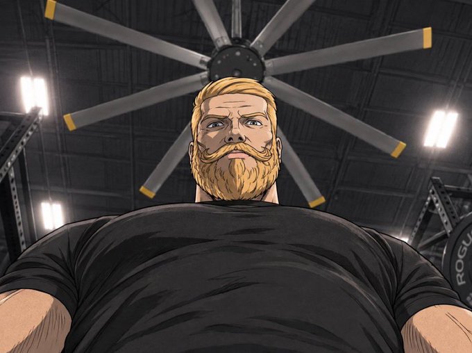 Anime/manga style illustration of a muscular blonde bearded man in a black shirt viewed from below, with a large industrial ceiling fan and Rogue branded equipment visible behind him.