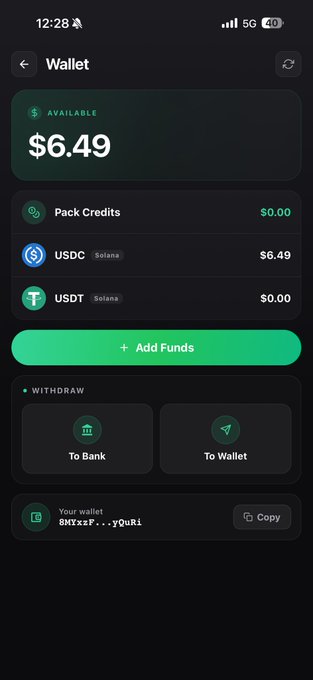 A mobile wallet app screenshot showing an available balance of $6.49, with USDC on Solana and Pack Credits holdings, plus options to add funds or withdraw to a bank.