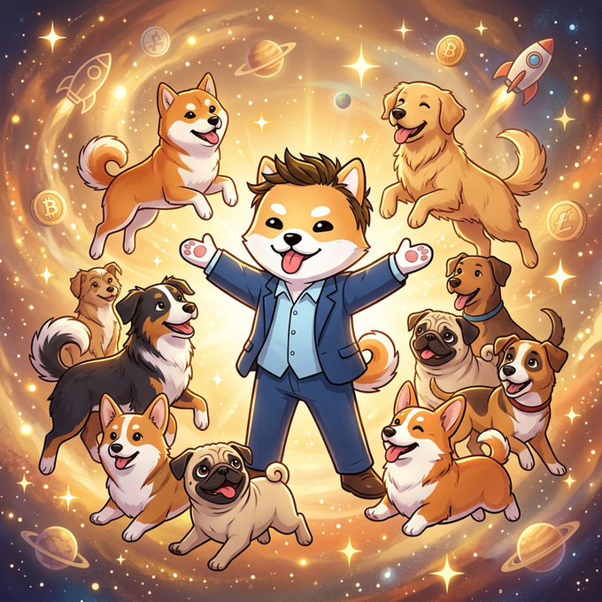 Stylized illustration of a happy dog-character in a blue suit surrounded by various dog breeds, rockets, planets, and cryptocurrency coins (including Bitcoin) on a sparkling cosmic background.