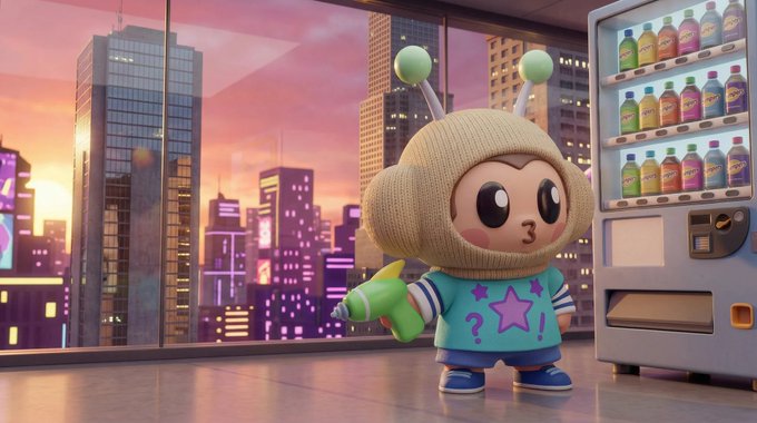 A 3D-rendered cartoon character wearing a knit hood with antennae, standing by a vending machine with a sunset cityscape behind them.