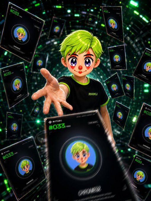 A promotional graphic featuring a green-haired anime-style character labeled "RAIKU" reaching out, surrounded by NFT cards labeled "#033 RITUAL" in a green digital vortex.