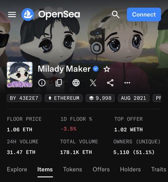 The image shows a screenshot of an online auction page for "Milady Maker". The website has two characters, Milady and Milad, represented by small cartoon figures. In this page, there are various items available for bidding, including multiple cryptocurrencies. A user can bid using Bitcoin, Etherium or other cryptocurrency coins offered in the site's collection.