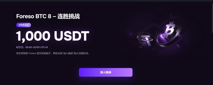 A promotional banner for the "Foreso BTC 8 - 连胜挑战" (Winning Streak Challenge), offering a prize pool of 1,000 USDT, with instructions in Chinese to join the challenge on August 7th from 20:00-22:00 UTC+8, featuring a purple "加入挑战" (Join Challenge) button against a dark background with Bitcoin imagery.