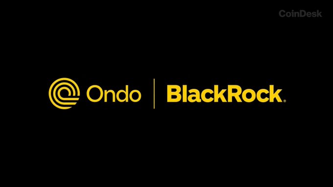 The image displays the logos of Ondo and BlackRock side by side in yellow against a black background, visually representing their newly announced partnership to develop tokenized Intelligent Portfolios—curated onchain baskets of tokenized assets that build on their existing collaboration.