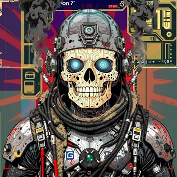 A vibrant cyberpunk-style digital art illustration of a cyborg skeleton with glowing blue eyes wearing a futuristic helmet and armor.