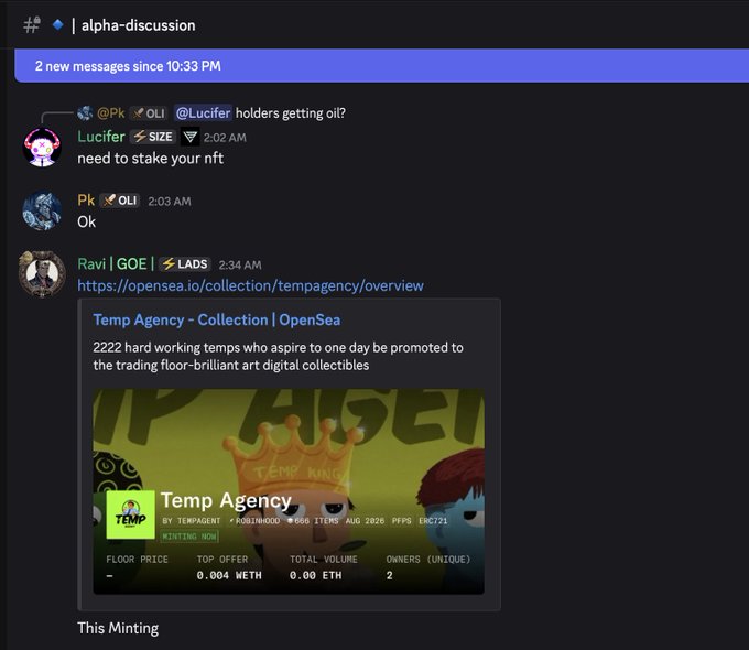A Discord chat in #alpha-discussion shows Lucifer (@Lucifer) advising Pk (@0LI) to "stake your nft," followed by Ravi sharing a Temp Agency NFT collection OpenSea link (2222 items, 0.004 WETH top offer, 2 owners), relating to the post's promotion of a free mint at $69 for the @the_tempAgency project.