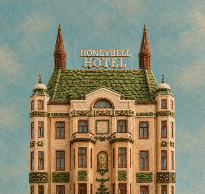 A whimsical, miniature-style illustration of a building labeled 'HONEYBELL HOTEL,' featuring a green tiled roof, twin spires, and detailed architectural elements against a textured blue background.