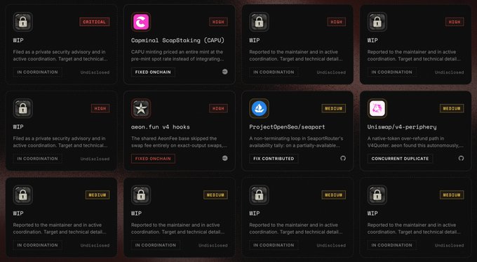 Dashboard displaying various cryptocurrency and DeFi protocols including WIP, CapMinal ScepStaking (CAPU), aeon.fun v4 hooks, ProjectOpenSea/seaport, and Uniswap-v4-periphery, marked with severity levels (Critical, High, Medium).
