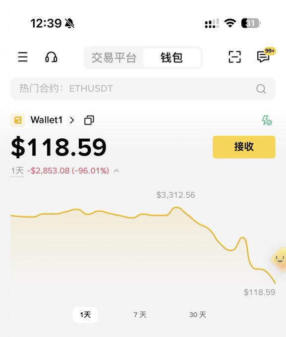 A screenshot of a Binance wallet showing a dramatic 96.01% loss over 1 day, with the portfolio value crashing from $3,312.56 to $118.59, visually illustrating the poster's lament about their crypto trading losses on the BSC chain.