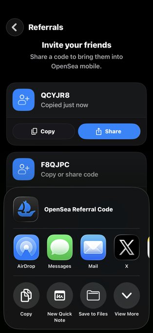 A mobile app screen titled 'Referrals' for OpenSea, showing invite codes QCYJR8 and F8QJPC with options to Copy, Share, or send via AirDrop, Messages, Mail, or X.