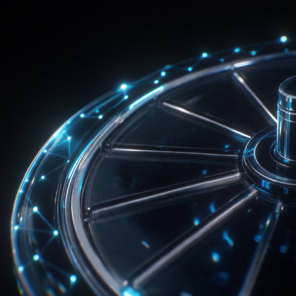 The image features a close-up view of a silver wheel with blue lines running through its center. The wheel appears to be made of glass or metal, giving it an interesting visual effect due to the blue lines. In the background, there is a black background that contrasts with the wheel and makes it stand out even more. The image also contains text that reads "3 clicks = $100 in your pocket. Follow @bitget Repost this Tag your friends 5 lucky winners, 500 USDT total. Ready? Go!". This message seems to be related to the wheel or its design, possibly indicating a connection between the wheel and some sort of digital currency or gaming concept.