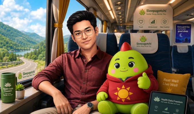 An advertisement shows a man sitting next to a green 'Sleepagotchi' character on a train, promoting 'Health Data Freedom' with various product placements visible.