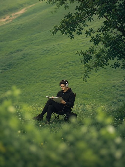 A young man wearing headphones sits in a folding chair on a lush green hillside, writing or drawing in a notebook under a tree branch.