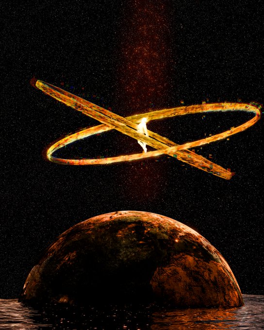 A surreal digital artwork depicting a small glowing figure standing on intersecting glowing rings above a large textured planet or moon against a starry cosmic background.
