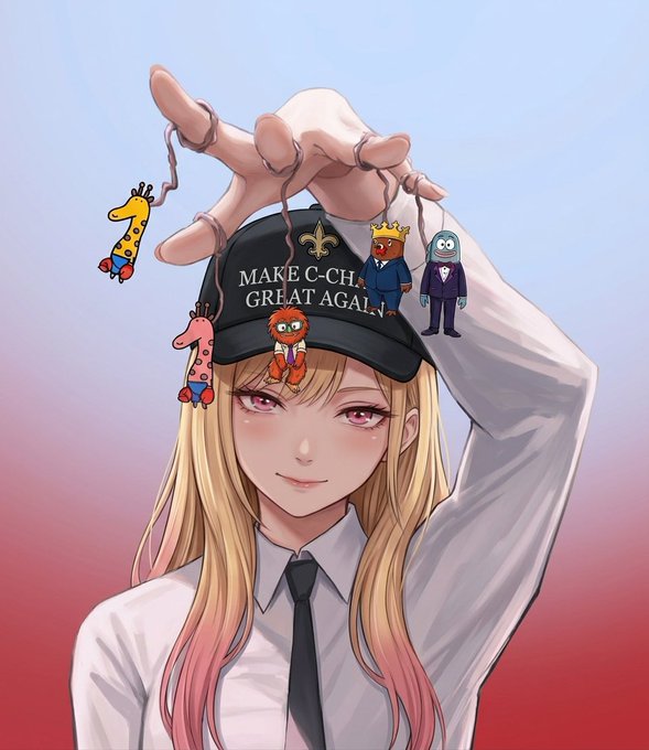 An anime-style illustration of a blonde girl with pink-tipped hair wearing a 'MAKE C-CHAIN GREAT AGAIN' cap, with a large hand reaching down toward her with puppet strings attached to small cartoon figures on her hat.