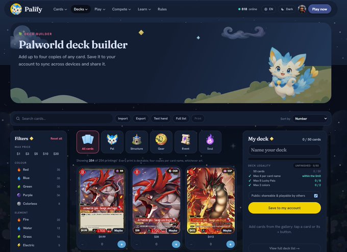 A screenshot of the Palify Palworld deck builder website, showing card filters, a search bar, and three dragon-type cards ('Cinnamoth', 'Cinnamoth (dark)', and 'Jormuntide Ignis') being browsed.