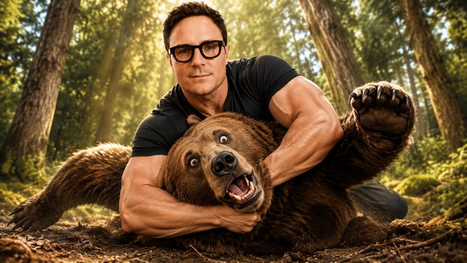 A man wearing black glasses wrestles with a surprised-looking brown bear in a sunlit forest setting.