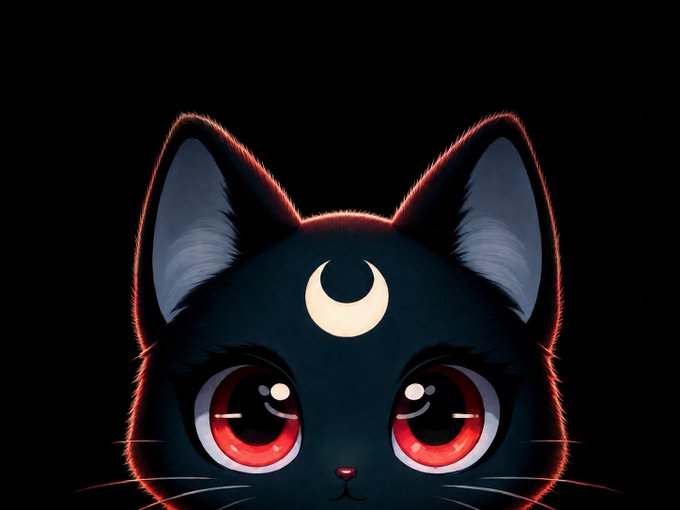 Stylized illustration of a black cat with glowing red eyes, a crescent moon symbol on its forehead, and red rim lighting against a black background.