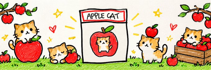 A whimsical, hand-drawn banner for the Solana token "$APPLECAT" features cute orange and white kittens playing among red apples, with a central sign reading "APPLE CAT" displaying a cat inside an apple—perfectly illustrating the playful branding behind the community's newly uploaded banner image on Moby.