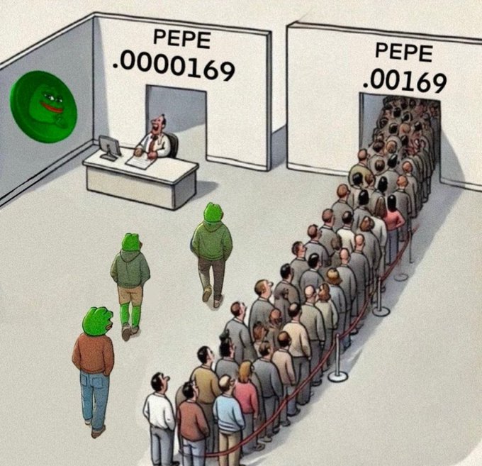 The image shows several people waiting in line, with some of them wearing green "Grouches", which are also referred to as "Kellets" by the caption. They appear to be attending a meeting or event related to the product labeled "PEPE". The line is organized and directed towards a doorway, suggesting that they are approaching an entrance or exit for the gathering.