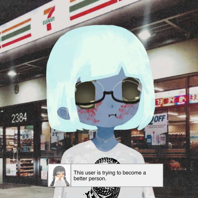 An illustrated anime-style character with light blue hair and sunglasses stands in front of a 7-Eleven storefront, with an Instagram-style overlay reading "This user is trying to become a better person."