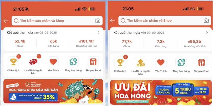 Two side-by-side screenshots from the Shopee Affiliate app display participation results dated 09-09-2026, showing earnings of approximately 101.4 trillion VND with 7.2k orders and 52.4k clicks on the left, and 95.2 trillion VND with 7.2k orders and 77.7k clicks on the right. The interface features Vietnamese text including "Kết quả tham gia," "Hoa hồng ước tính," and promotional banners advertising "HOA HỒNG XTRA SIÊU HẤP DẪN" and "ƯU ĐÃI HOA HỒNG LÊN ĐẾN 5 TRIỆU ĐỒNG," illustrating the impressive commission earnings highlighted in the accompanying post about young affiliates making substantial income.