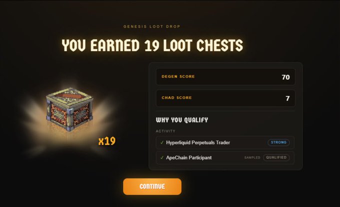 The image displays a "Genesis Loot Drop" rewards screen showing the user earned 19 loot chests with a Degen Score of 70 and Chad Score of 7, qualifying through Hyperliquid Perpetuals Trader activity and ApeChain participation. The post promotes a free Cambria airdrop ($RSGP) for claiming Epic Chests, with only 13 days remaining, aligning with the loot chest reward mechanic shown in the image.