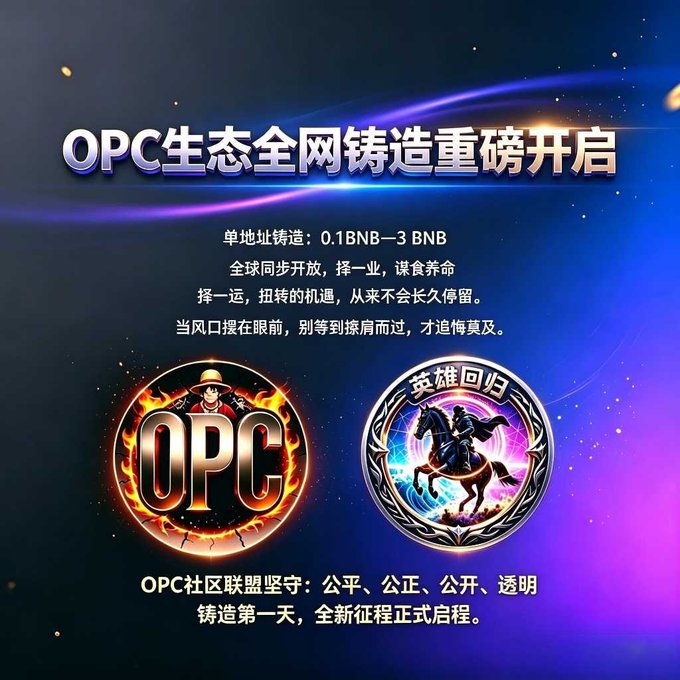 A Chinese promotional poster for 'OPC生态全网铸造重磅开启' featuring fiery and knight-themed circular emblems, with text referencing 0.1BNB–3 BNB minting.