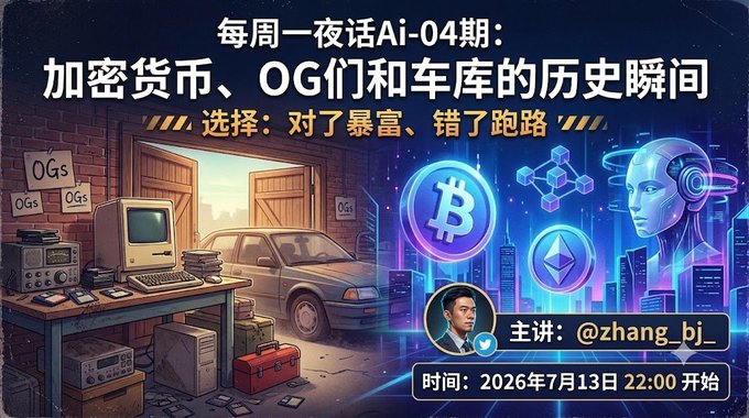 A promotional graphic for a Chinese-language AI podcast episode titled "每周一夜话Ai-04期：加密货币、OG们和车库的历史瞬间" (subtitle: "选择：对了暴富、错了跑路"), featuring a split illustration of a 1990s-style garage workspace with a vintage computer and car on the left, alongside glowing Bitcoin and Ethereum symbols with a futuristic AI android on the right. The event is hosted by @zhang_bj_ on July 13, 2026 at 22:00, and the dual imagery visually represents the episode's theme of tracing cryptocurrency's origins from humble "OG garage" beginnings to its high-tech AI-driven future.